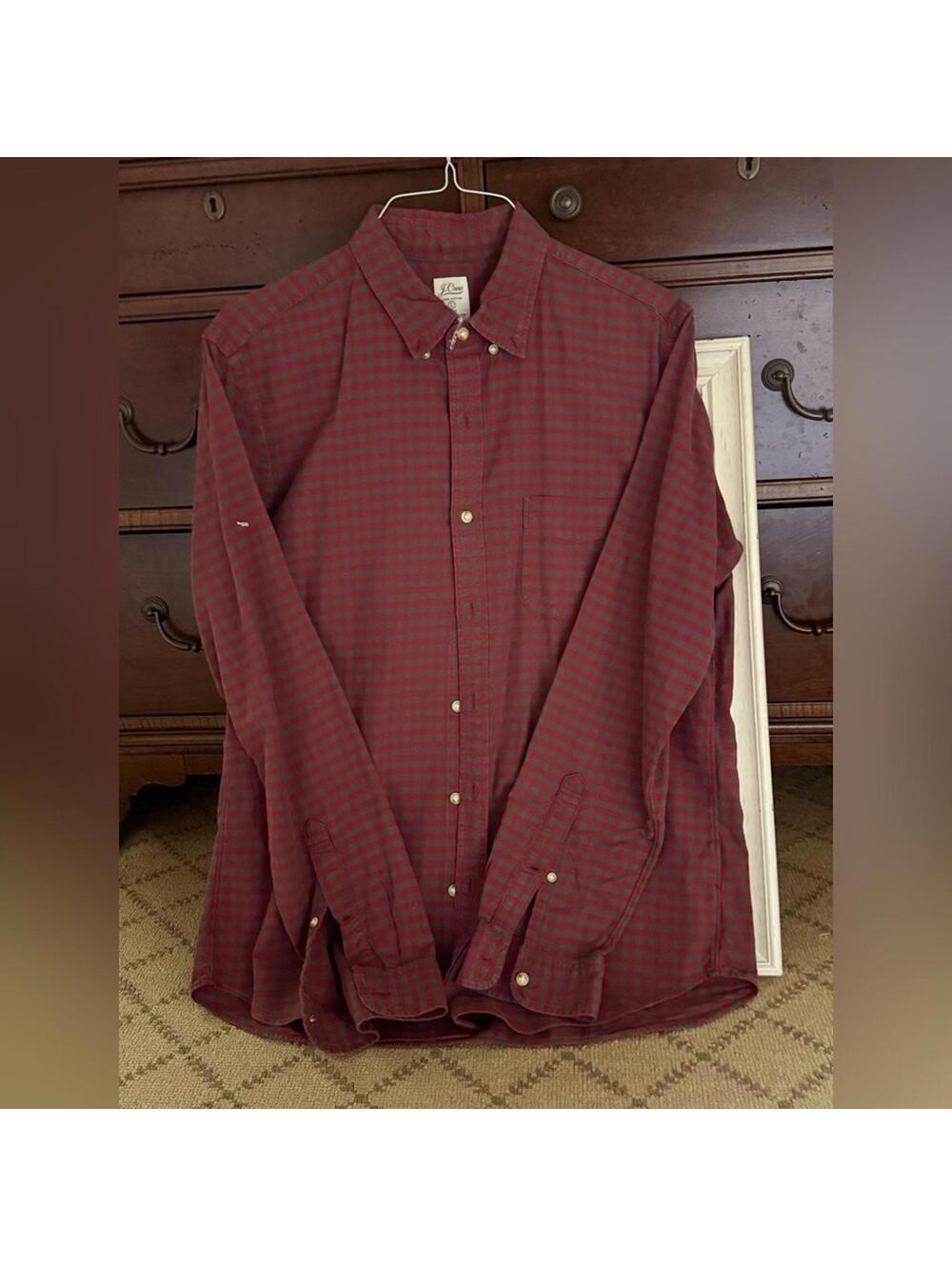 J. Crew Secret Wash Red Gray gingham check long sleeve button down Shirt Slim L